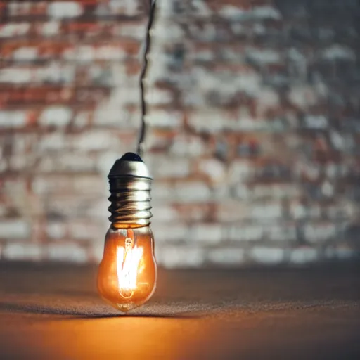 Image similar to a bright antique lightbulb on the floor lighting up a dark room with a brick floor, close up, dslr photo