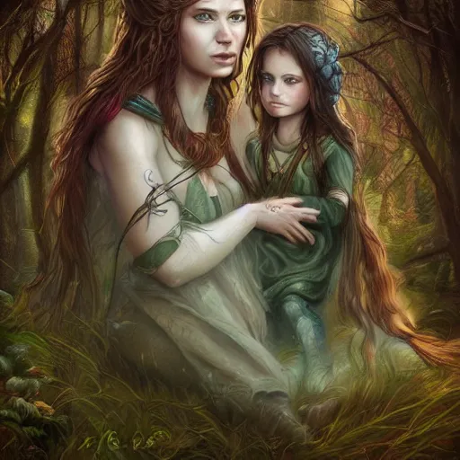 Prompt: portrait of sensual girl warrior and her daughter in a magical forest by leesha hannigan, fantasy, artwork, digital art, epic, highly detailed faces