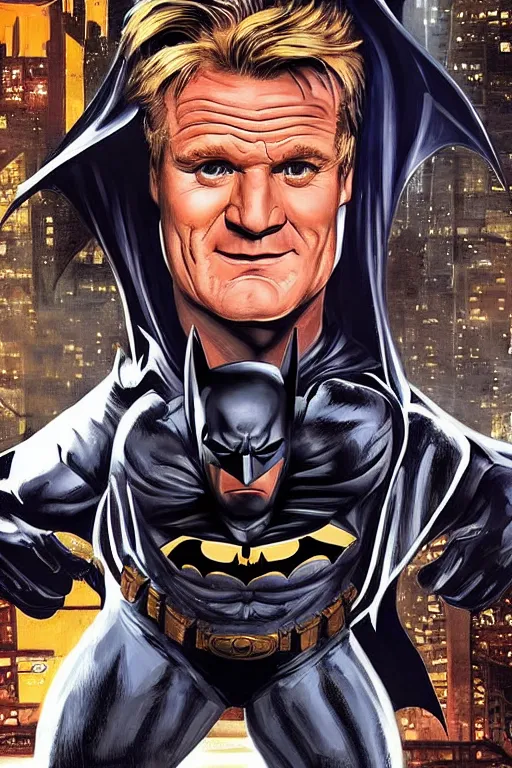 Image similar to batman played by Gordon Ramsey, 80s magazine cover, dramatic lighting, cinematic, establishing shot, extremely high detail, foto realistic, cinematic lighting, post processed, concept art, high details, cinematic, 8k resolution, beautiful detailed, photorealistic, digital painting, artstation, concept art, smooth, sharp focus, artstation trending, octane render, unreal engine