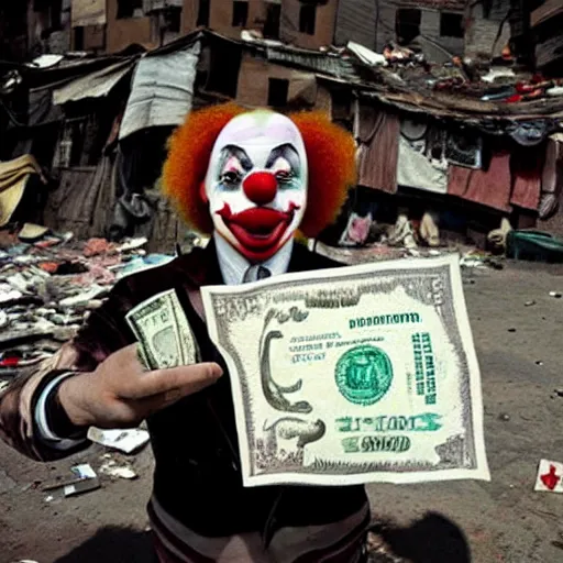 Image similar to A poor clown holding a giant dollar banknote, background is a slum, cinematic, epic, highly-detailed