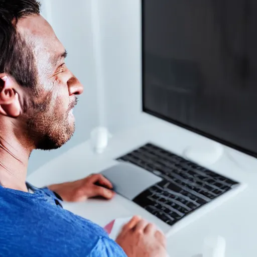 Prompt: photo of man looking at his computer screen, on his computer screen there is an image of a crying laughing emoji