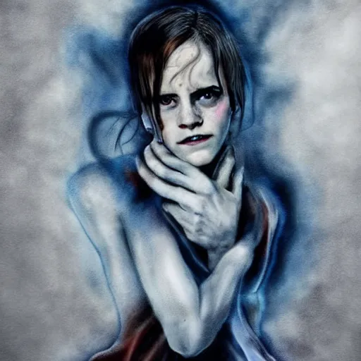 Prompt: emma watson screams in hunger and shows her long teeth, horror version. an unnatural abomination with long teeth, many tentacles, and gray skin. grunge, horror, dmt, dark and muted colors, detailed airbrush art, by yves klein