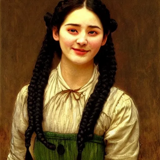 Prompt: a ((sadly)) (((smiling)))) black haired, young hungarian servantmaid from the 19th century who looks very similar to (((Lee Young Ae and Lee Young Ae))) with a two french braids, detailed, soft focus, realistic oil painting by John Everett Millais, Munkácsy, Ilya Repin, Csók István, and da Vinci