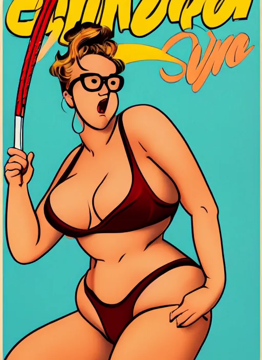 Image similar to a pin - up poster of peter griffin in the style of hajime sorayama, seductively playing tennis in a swimsuit