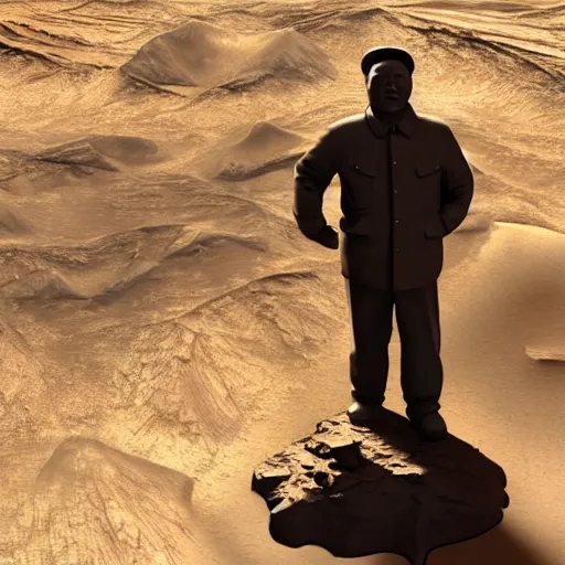 Image similar to a photo of mao zedong's sculpture on mars a made of resin, dramatic lighting, unreal engine 5 highly rendered, radiant light, detailed and intricate environment, wide angle, cinematic lighting