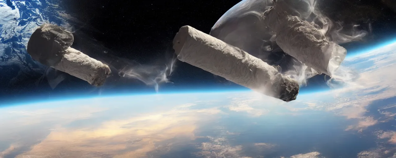 Image similar to nasa shot of a giant joint floating in space next to planet earth