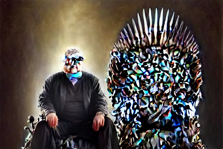 Image similar to poster portrait of george r r martin in “ game of thrones ” ( 1 9 8 4 ). background is the iron throne. artwork, 4 k digital art, neon, 8 0's style tomasz alen kopera, peter mohrbacher, donato giancola, ilya repin, drew struzan hyperrealistic oil painting, gothic horror, frank frazetta