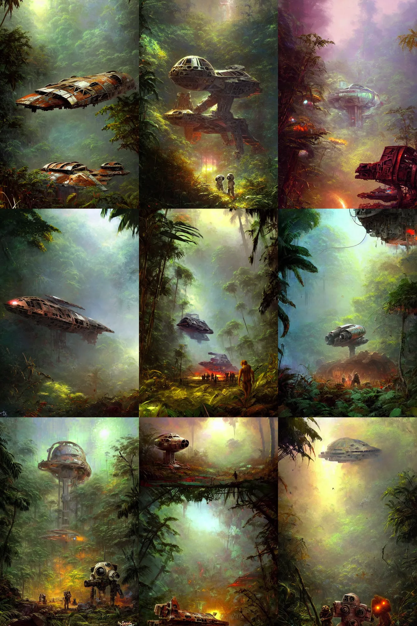 Prompt: abandoned pieces of a destroyed spaceship in the jungle, large pieces of rusty metal towering over a group of very cute ewoks playing in the ruins, light from above, art by thomas kinkade and craig mullins, trending on artstation, misty and foggy, playful and cheerful