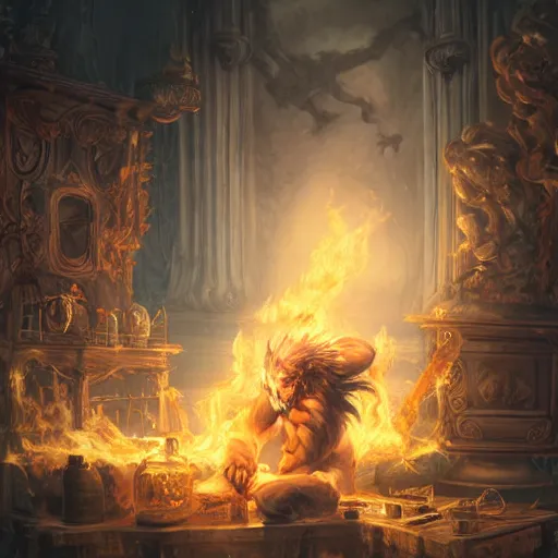 Image similar to A epic and beautiful rococo painting of a Werewolf using a burning laboratory. Castlevania style. ultra-detailed. Anime, pixiv, UHD 8K CryEngine, octane render