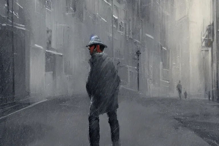 Image similar to concept art mood painting environment painting man walking down grey dull concreate alley winter arms in pockets. style of ryan church jon mccoy george hull painting