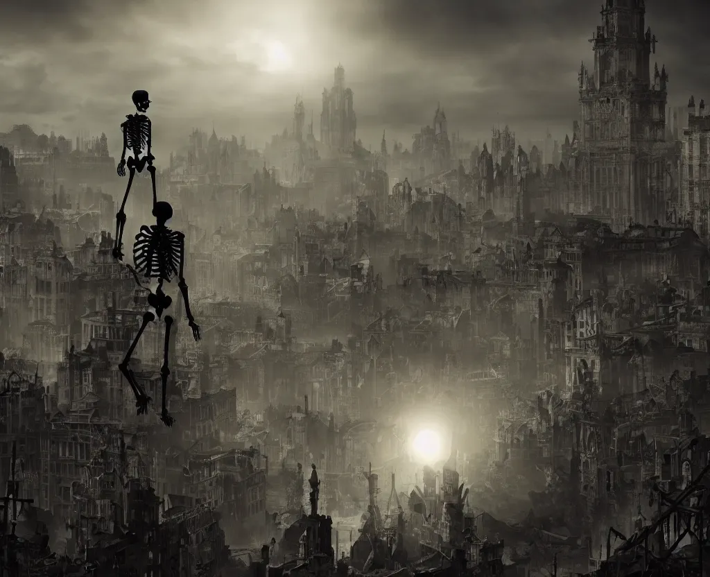 Image similar to silhouette of a skeleton above a victorian city, epic painting, dark fantasy, octane render, extremely detailed