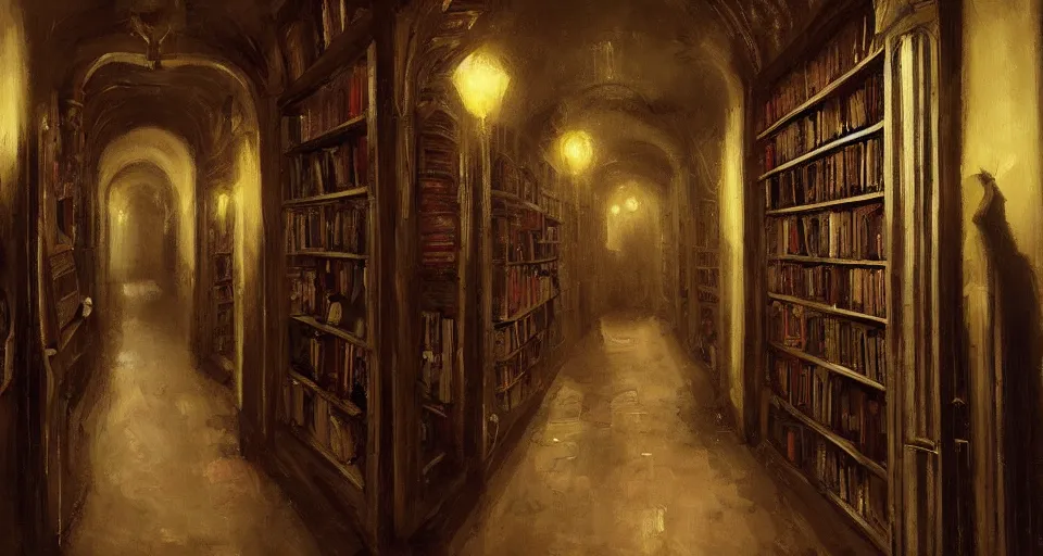 Prompt: Stefan Koidl's painting of a very dark creepy victorian corridor with bookshelves everywhere and two candles. 4k, artstation.