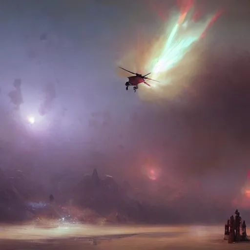 Image similar to a spy doing his mission flying in a helicopter while explosion in the background particles dusty explosion fog made by ivan aivazovsky, peter mohrbacher, greg rutkowski volumetric light effect broad light oil painting painting fantasy art style sci - fi art style realism premium prints available artwork unreal engine