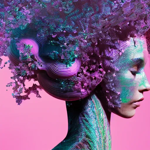 Prompt: flume and former cover art future bass girl un wrapped statue bust curls of hair petite fertility lower body legs lush body photography model body art futuristic branches fractal material style of Jonathan Zawada, Thisset colours