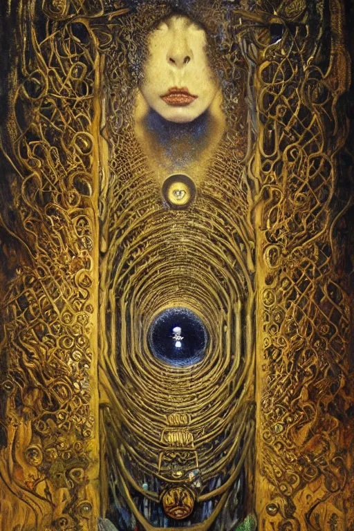 Prompt: The Dreaming Cell by Karol Bak, Jean Deville, Gustav Klimt, and Vincent Van Gogh, mystic eye, otherworldly, prison, elaborate wrought iron bars, chains, locks, fractal structures, arcane, inferno, inscribed runes, infernal relics, ornate gilded medieval icon, third eye, spirals