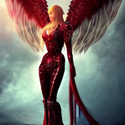 woman - unicorn hybrid red angelic wings, calm