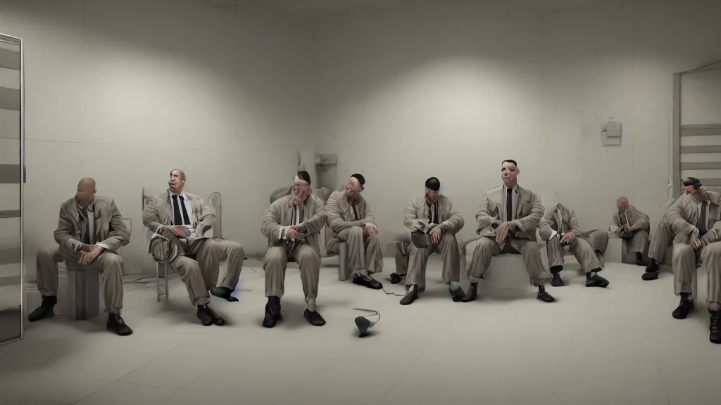 Image similar to prison inmates in striped suits sitting around a television bolted to the wall, rendered in octane, rendered in Corona, rendered in vray, rendered in Arnold, insanely detailed, photorealistic, cinematic, global illumination, no grain