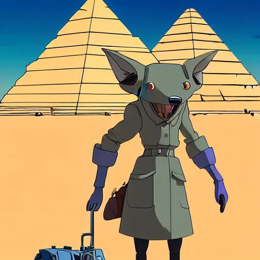 Prompt: a study of cell shaded cartoon of a mechanized grey jackal from howl's moving castle ( 2 0 0 4 ), in front of pyramids on a desert road, full body, wide shot, very muted colors, post grunge, studio ghibli, laurie greasley, highly detailed, deviantart, art by artgem