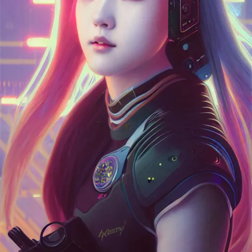 Image similar to portrait painting of cyberpunk chuu loona kpop smiling cheerfully with a black katana, ultra realistic, concept art, intricate details, eerie, highly detailed, photorealistic, octane render, 8 k, unreal engine. art by artgerm and greg rutkowski and magali villeneuve and alphonse mucha