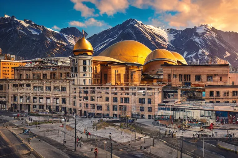 Image similar to architecture photo modern fachwerk giant opera building settlement with Elbrus mountain on the background, architecture, photorealism 8k , shining and happy atmosphere, uplight, high details