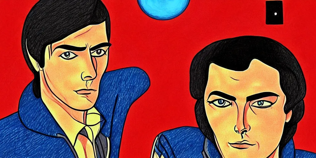 Image similar to traditional drawn colorful animation a symmetrical portrait of lonely single Alain Delon alone from 1970 70s pilot in posing in spaceship station planet captain bridge outer worlds robots extraterrestrial hyper contrast well drawn in Jean Henri Gaston Giraud animation film The Masters of Time FANTASTIC PLANET La planète sauvage animation by René Laloux