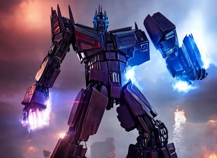 Prompt: optimus prime destroying a [ decepticon ], ultra realistic 4 k unreal engine very cinematic render with ray tracing bloom ambient occlusion strong reflections depth of field fog