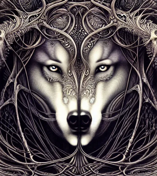 Image similar to detailed realistic beautiful wolf goddess face portrait by jean delville, gustave dore, iris van herpen and marco mazzoni, art forms of nature by ernst haeckel, art nouveau, symbolist, visionary, gothic, neo - gothic, pre - raphaelite, fractal lace, intricate alien botanicals, ai biodiversity, surreality, hyperdetailed ultrasharp octane render