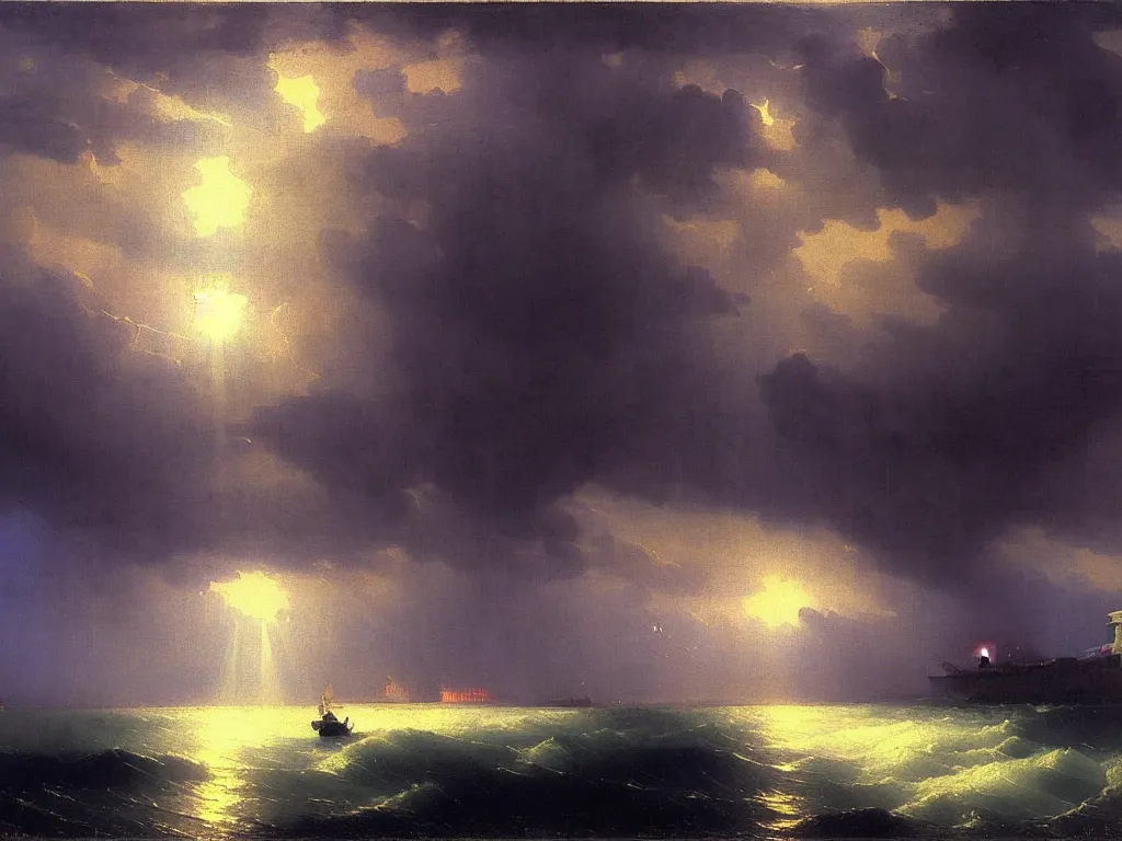 Image similar to heavy rain in south korea, bridges and buildings under water, beam of light through dark clouds, by Aivazovsky