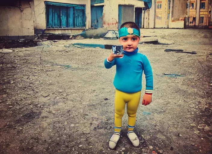 Image similar to professional fine detailed photo portrait of young minion from makhachkala, dagestan. kid minion in the postsoviet suburbia, iphone photo, instagram, color