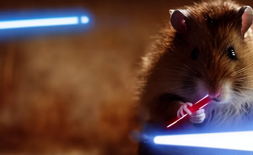 Image similar to hamster wielding a lightsaber, movie still, star wars, cinematic, sharp focus, cinematic lighting, 8 k