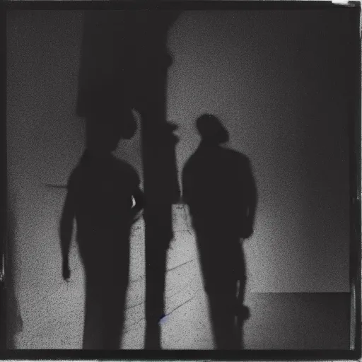 Image similar to Two male silhouettes on an abandoned theatre stage, polaroid picture, colour, bright, vignette, 4k, vague