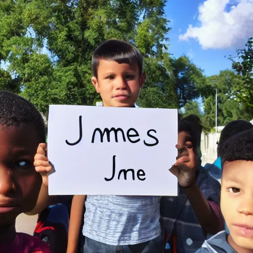 Prompt: A boy holding a sign saying, james