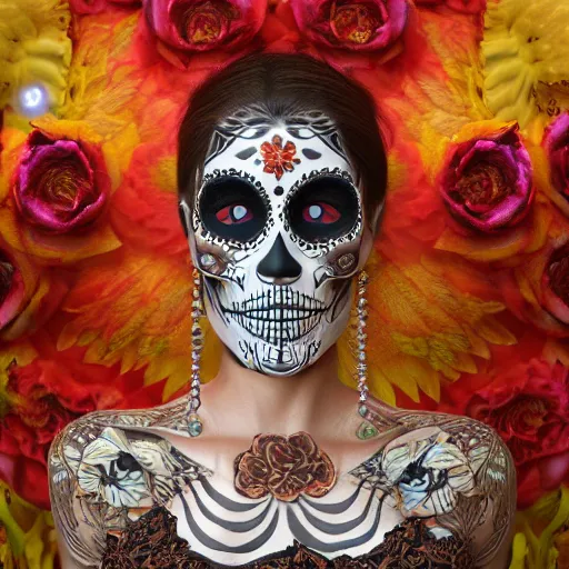 Prompt: lady, mid - waist self - portrait, perfect symmetry, intricate, dia de los muertos, skulls and flowers mask, aztec ultra detailed feathered dress 4 k resolution, octane rendering, ultra realistic, photo realism, beeple, 2 0 mm