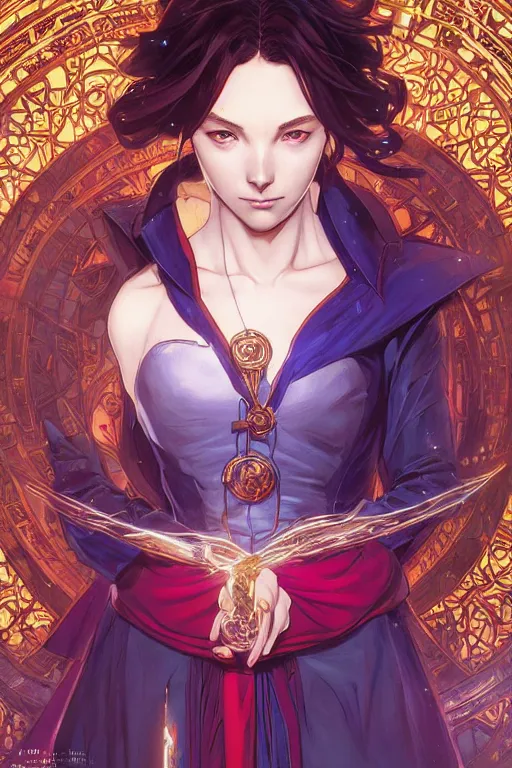 Image similar to anime key visual of a beautiful young female doctor strange, marvel comics, spells, magic, intricate, magical village, stunning, highly detailed, digital painting, artstation, smooth, hard focus, illustration, art by artgerm and greg rutkowski and alphonse mucha