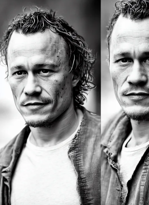 Image similar to DSLR photo portrait still of 43 year old age 43 Heath Ledger at age 43!!!, 85mm f1.8