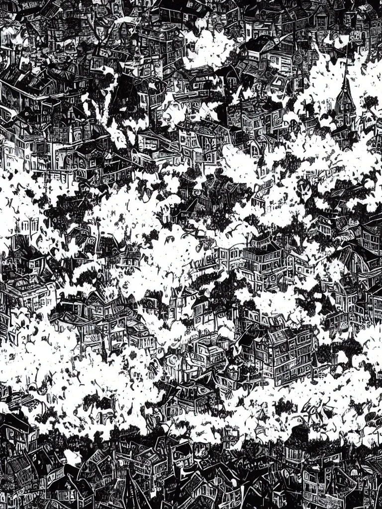 Image similar to field on fire, demons attacking humans, destroyed town in background, black and white, manga