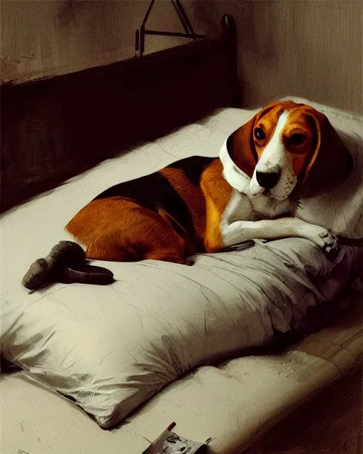 Image similar to detailed portrait of beagle lying on the bed by ismail inceoglu dragan bibin hans thoma greg rutkowski alexandros pyromallis nekro rene maritte illustrated, fine details, realistic shaded, fine - face, pretty