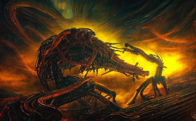Image similar to a colorful explosive epic extraterrestrial and hunan battle in hollywood, in the style of h. r. giger, epic scene, extremely detailed masterpiece, extremely moody lighting, glowing light and shadow, atmospheric, shadowy, cinematic, god lighting