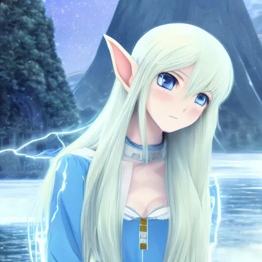 Image similar to a very beautiful anime elf girl, full body, long straight silver hair, sky blue eyes pointy ears, full round face, short smile, casual clothes, ice snowy lake setting, cinematic lightning, medium shot, mid-shot, highly detailed, trending on Artstation, Unreal Engine 4k, cinematic wallpaper by Stanley Artgerm Lau, WLOP, Rossdraws, James Jean, Andrei Riabovitchev, Marc Simonetti, and Sakimichan