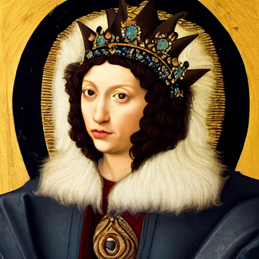 Image similar to a renaissance style portrait painting of fluffy wolf, wearing a crown and cape, dark background