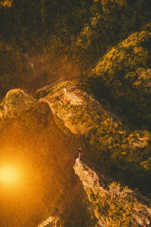 Prompt: a movie still of a man standing on the top of a mountain landscape at sunset, drone shot, golden hour