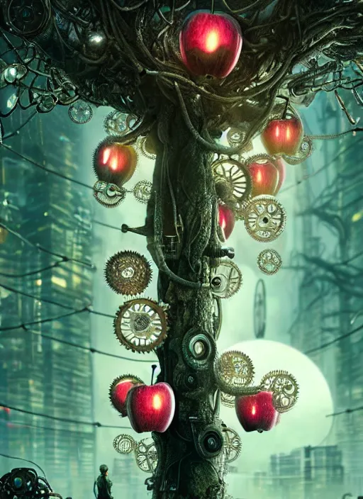 Image similar to intricate mechanical translucent apples with visible gears and components inside, growing off a tree, on the background of a weird magical mechanical forest. Very detailed 8k. Fantasy cyberpunk horror. Sharp. Cinematic post-processing