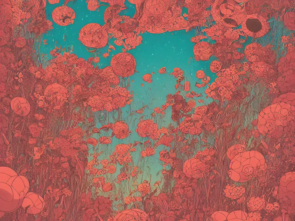 Image similar to flowers of hapiness, balmy enso, jamie hewlett, nicolas delort, moebius, victo ngai, josan gonzalez, kilian eng