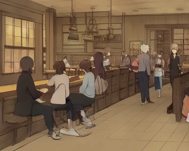 Image similar to a sketch of a girl waiting to be seated at Cracker Barrel, anime scene by Makoto Shinkai