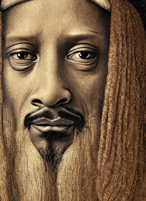 Image similar to a very high resolution image from a new movie, snoop dogg. drawn by leonardo da vinci. mountains, directed by wes anderson