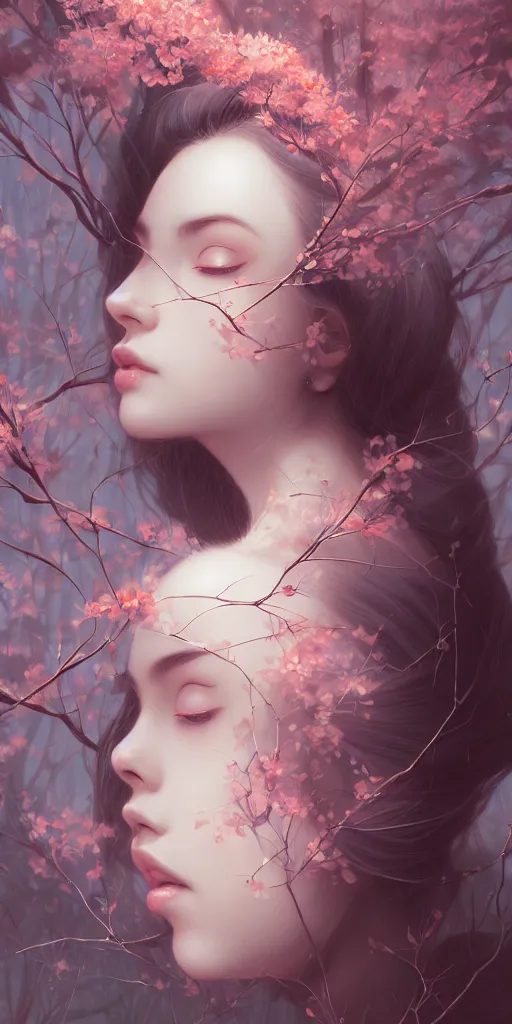 Prompt: lolita with a branches growing from her head, alterd carbon, geisha, dreamy ethereal vibe,, atmospheric, detailed intricate render, fibbonacci, detailed illustration, hd, 4 k, digital art, overdetailed art, surrealistic, by greg rutkowski, by loish, complementing colors, trending on artstation, deviantart