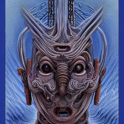 Prompt: naraka buddhist alien demon korean, no face, tubular creature, blood vessels, blue eyes, black energy, dystopian surrealism, zdzisław beksinski, symmetry accurate features, very intricate details, high resolution, symmetrical long head, smooth marble surfaces, detailed ink illustration, robot, metal gear, cinematic smooth stone, deep aesthetic, concept art