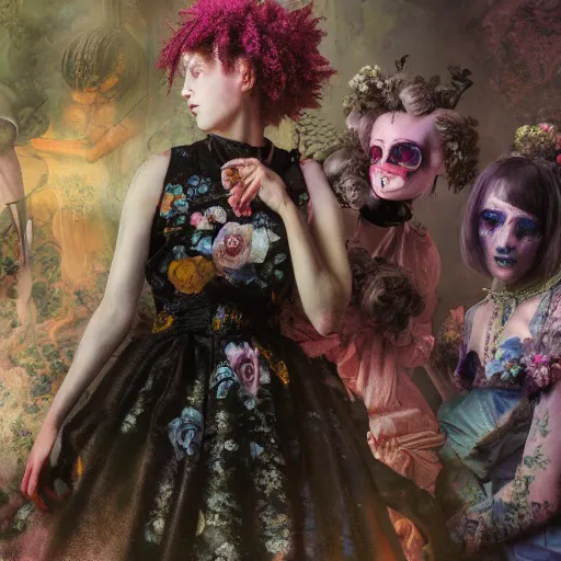 Image similar to 8k, octane render, cyberpunk painting, realism, tonalism, renaissance, rococo, baroque, group of creepy young ladies wearing long harajuku manga dress with flowers and skulls, background chaotic flowers