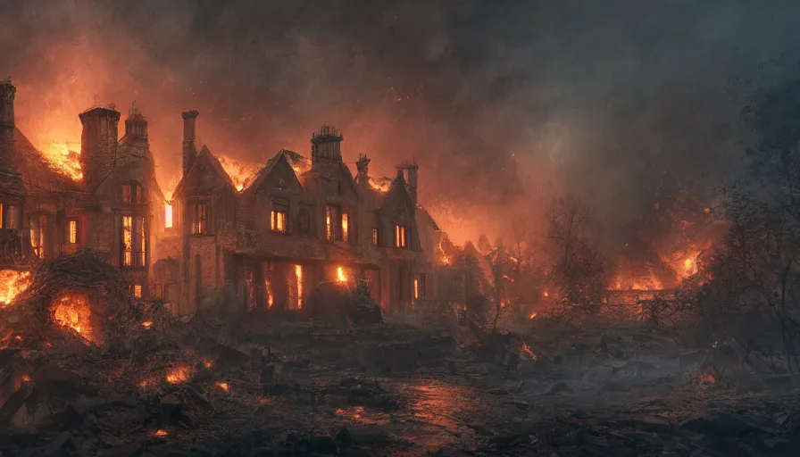 Prompt: Ashes of a burning manor, hyperdetailed, artstation, cgsociety, 8k