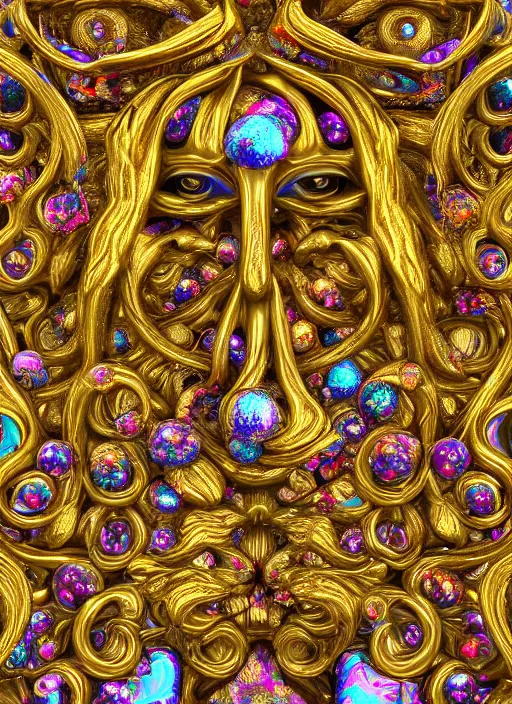 Prompt: a magnificent being with multiple eyes and organic limbs made of colorful crystals light and golden baroque ornaments by alex gray, 3D, 8k resolution